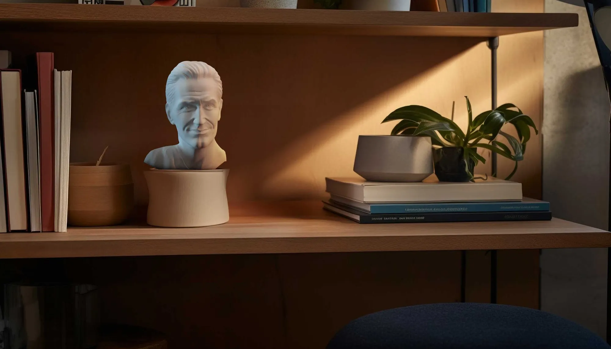 KREAVO 3D-Büste eines Mannes auf einem Regal im Wohnraum