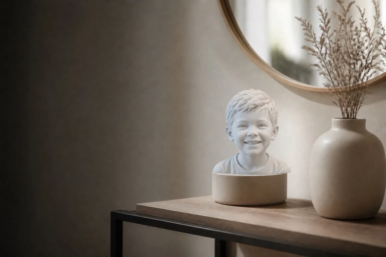 KREAVO 3D-Büste eines Kindes auf einer Konsole im Eingangsbereich