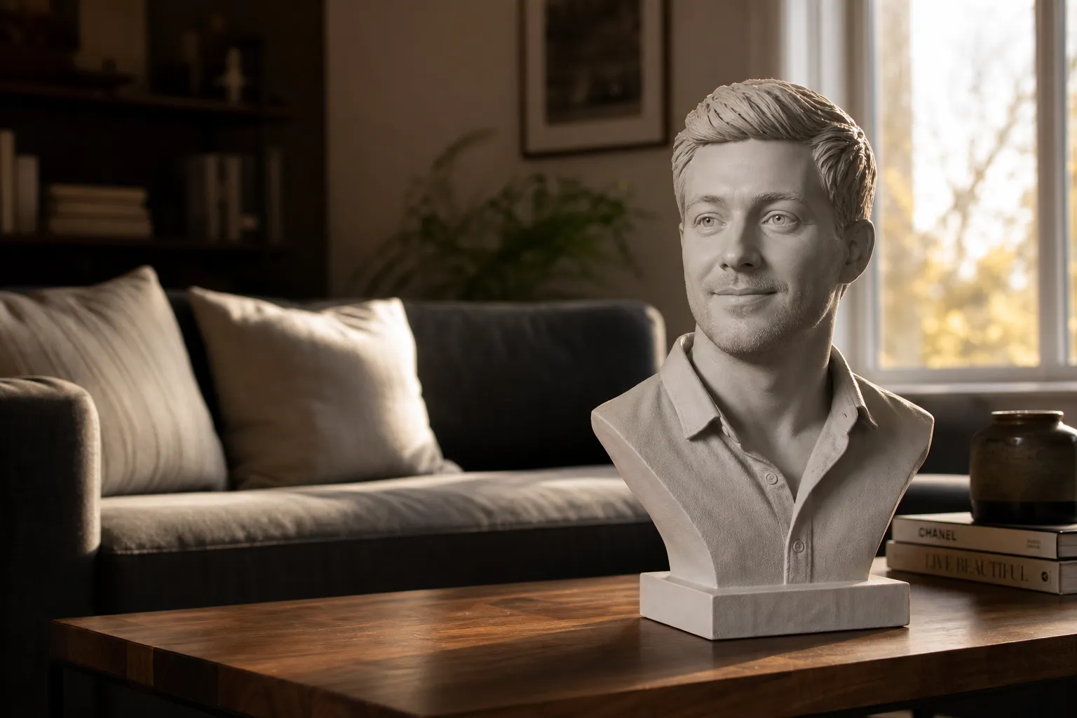 3D-Büste als persönliches Geschenk auf einem Wohnzimmertisch
