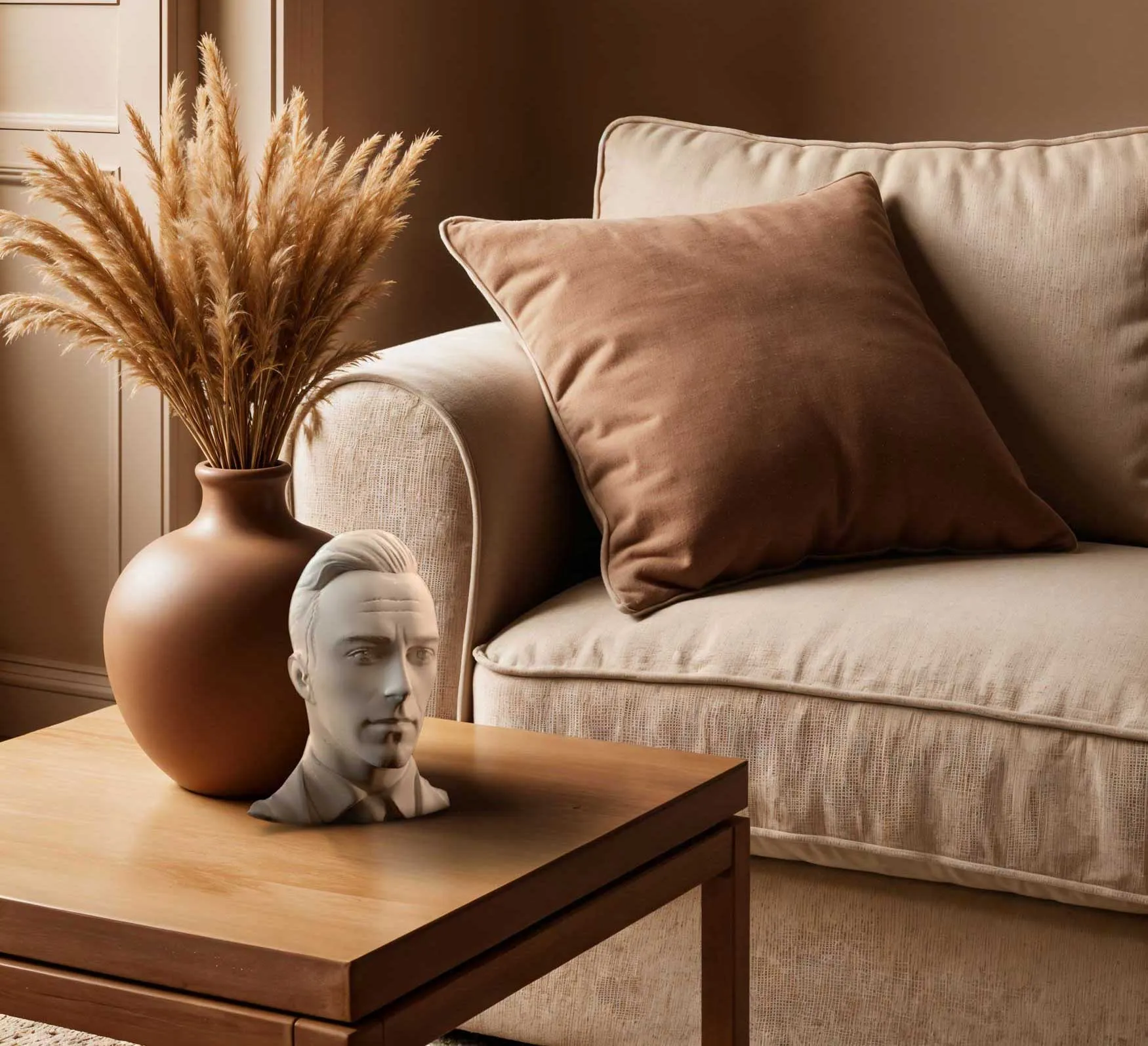 Personalisierte 3D-Büste als Dekoration auf einem Sideboard im Wohnzimmer