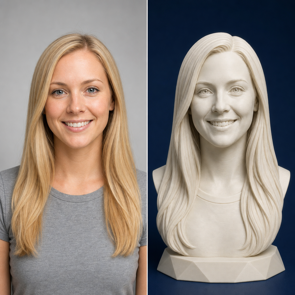 Vorher-Nachher-Vergleich: Ausgangsfoto und fertige 3D-Büste aus Foto