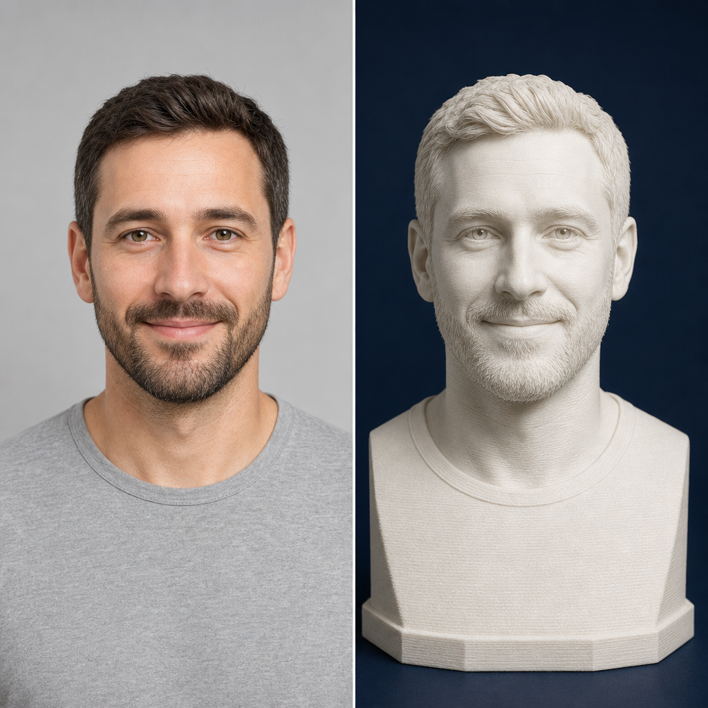 Vorher-Nachher-Vergleich: Foto und fertige 3D-Büste aus Foto