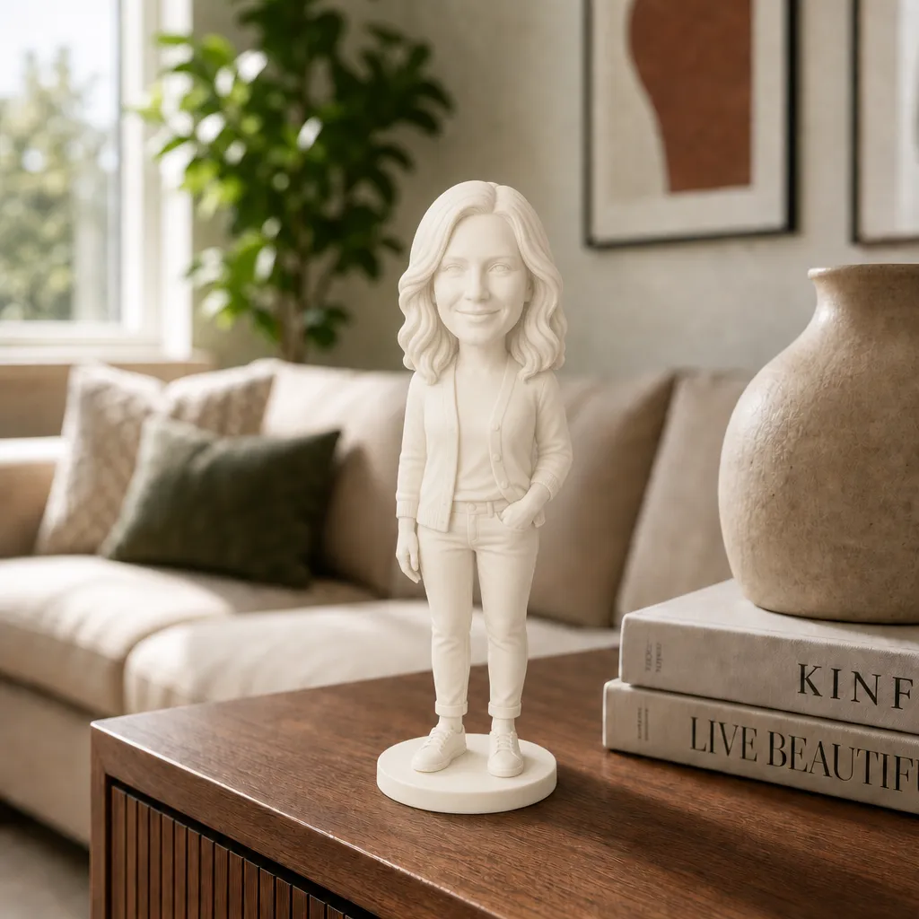 Personalisierte 3D-Figur einer Frau aus Foto in Weiß im Wohnzimmer