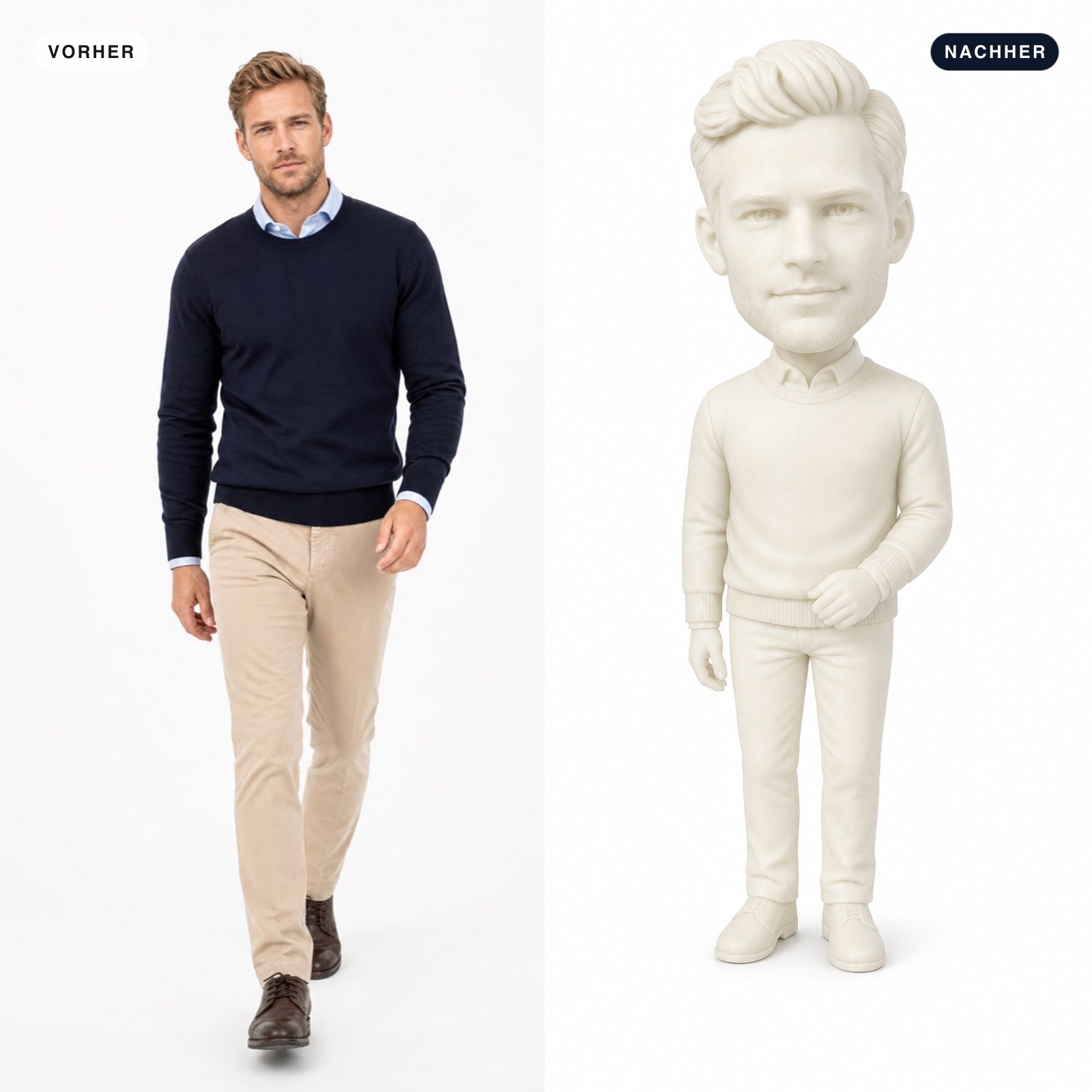 Vorher-Nachher-Vergleich: Ganzkörperfoto und fertige 3D-Figur aus Foto