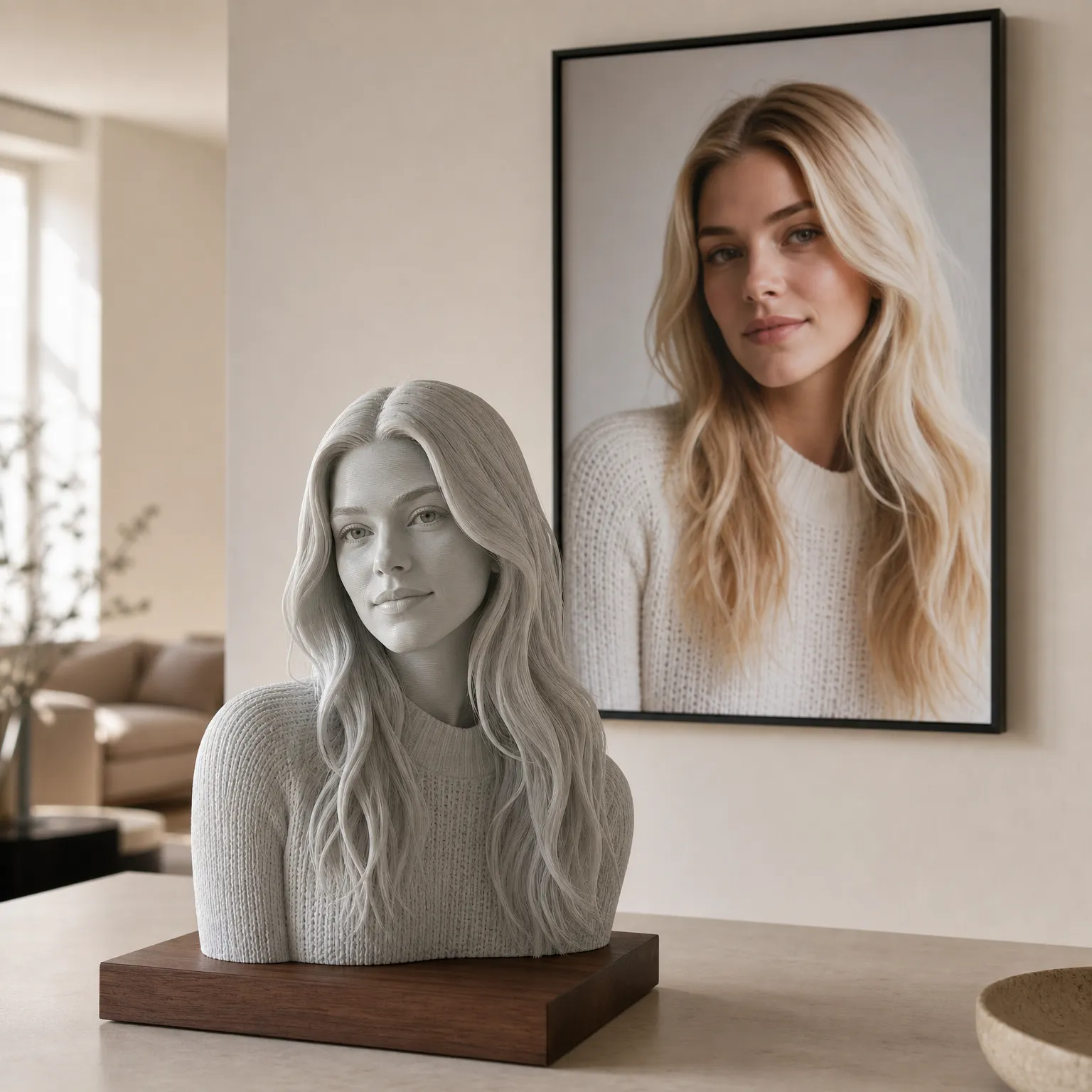 Fertige 3D-Büste als Dekoration zu Hause im Wohnzimmer
